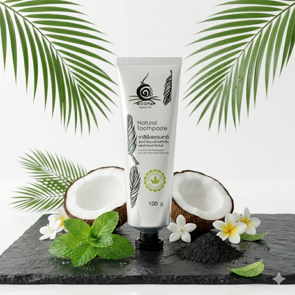 ยาสีฟันธรรมชาติสูตรน้ำมันมะพร้าวสกัดเย็นผสมถ่านกะลากัมมันต์ | OTOP 100พันมะพร้าว
