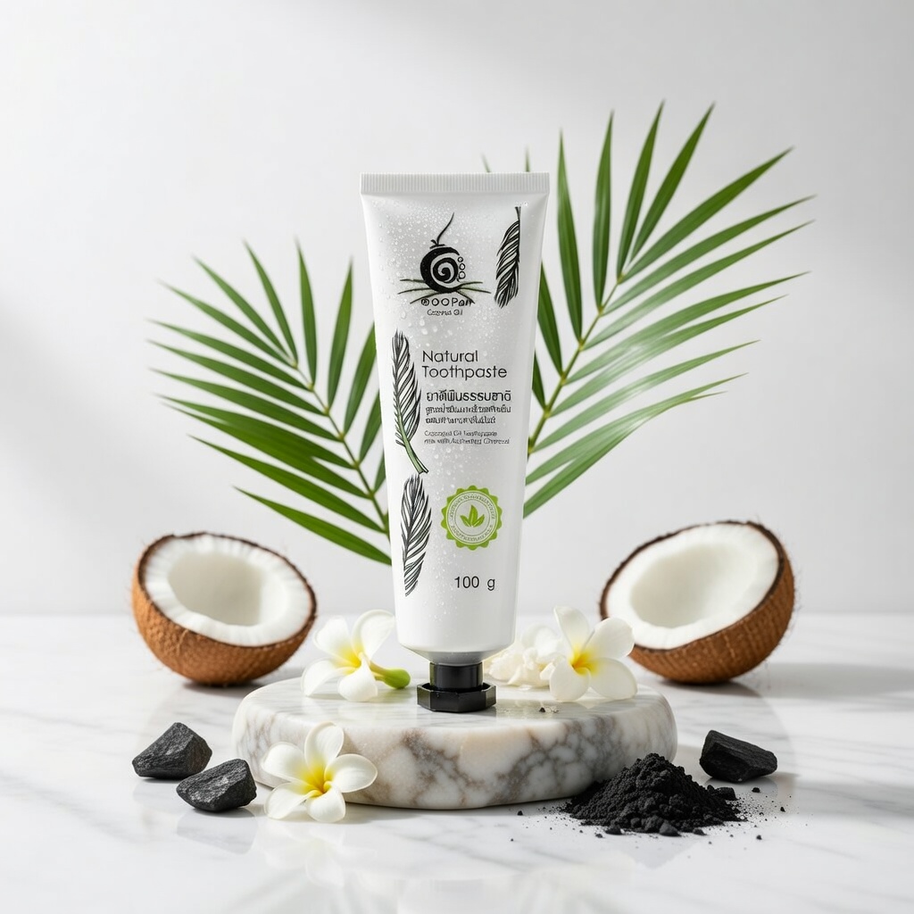 ยาสีฟันธรรมชาติสูตรน้ำมันมะพร้าวสกัดเย็นผสมถ่านกะลากัมมันต์ | OTOP 100พันมะพร้าว