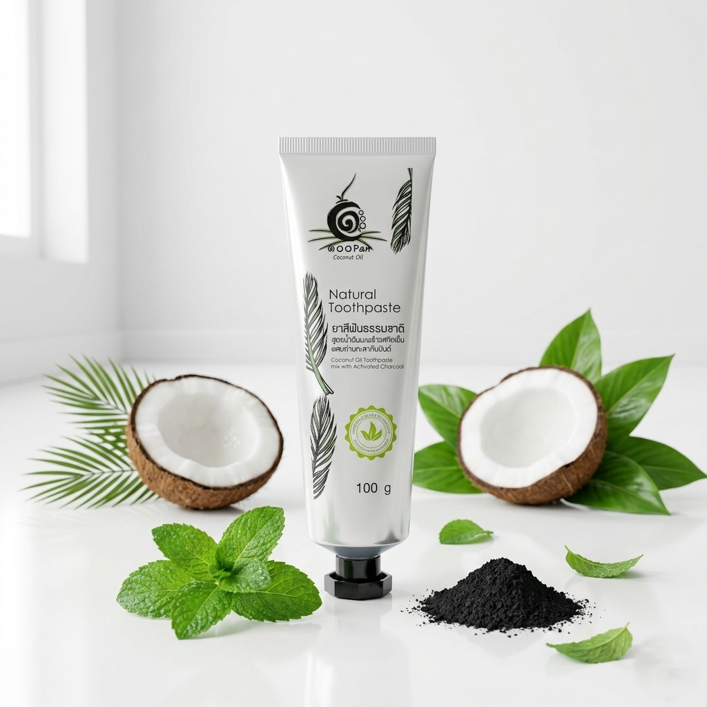 ยาสีฟันธรรมชาติสูตรน้ำมันมะพร้าวสกัดเย็นผสมถ่านกะลากัมมันต์ | OTOP 100พันมะพร้าว