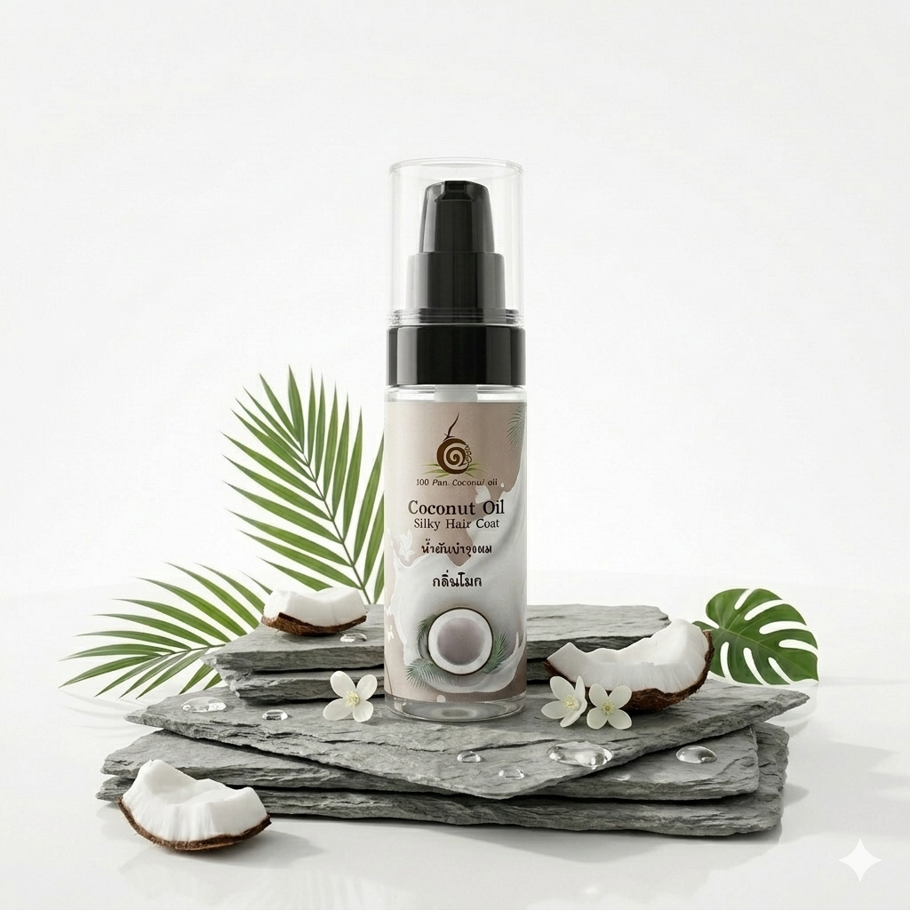 น้ำมันมะพร้าวบำรุงผมกลิ่นโมก 100พันมะพร้าว | OTOP บางสะพาน